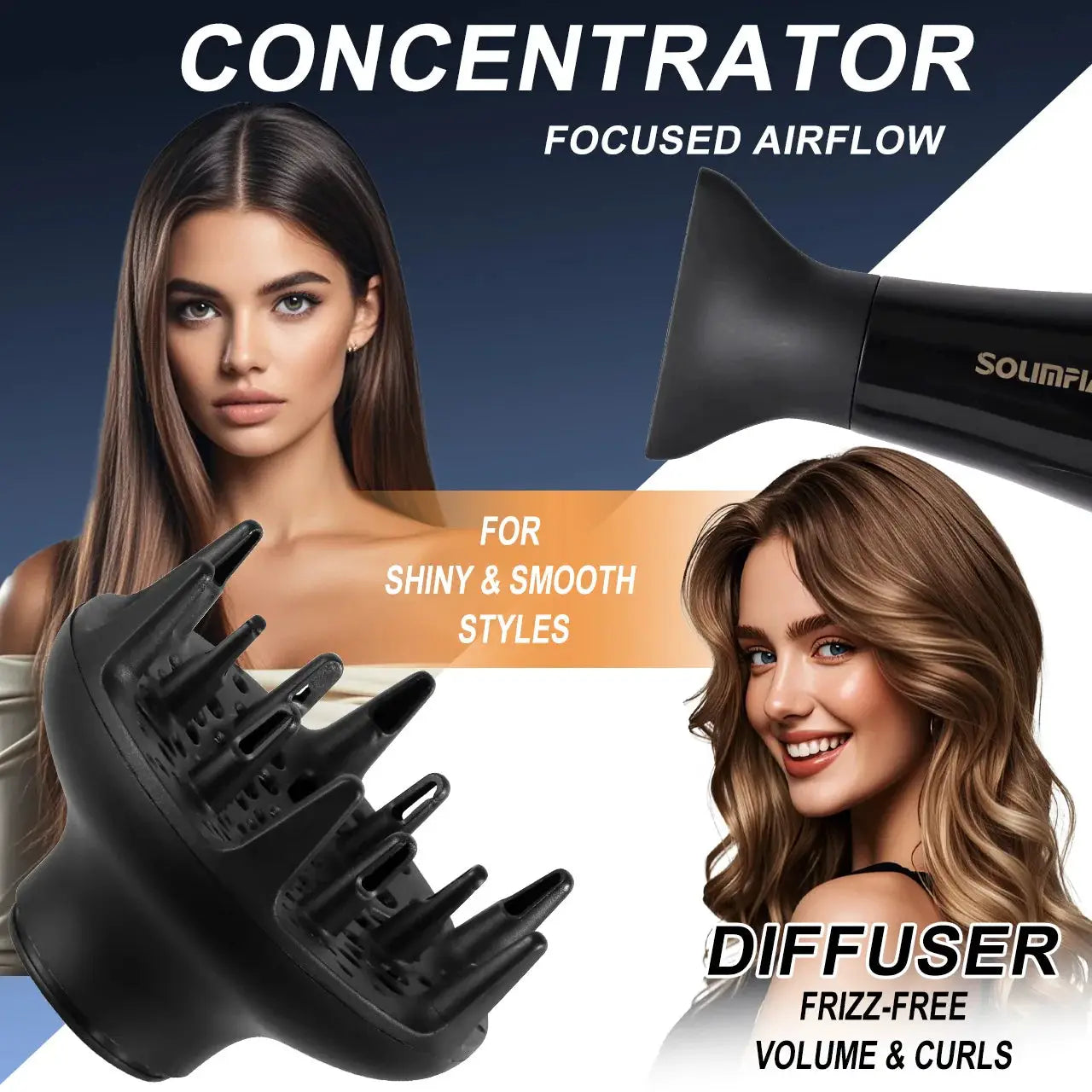 Simples Market 6-level professional hair dryer with concentrator and diffuser attachments, black 3-piece set