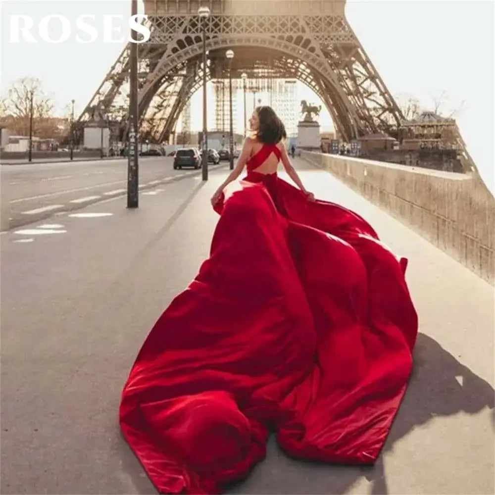 Roses Red Satin Prom Dress Sleeveless Backless Trumpet Gown V Neck