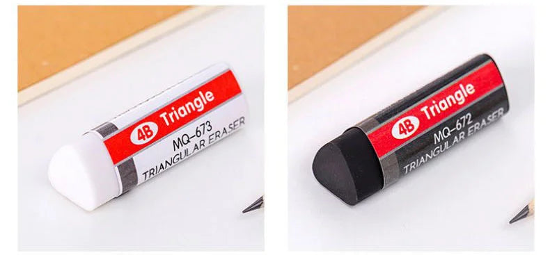 Two triangle erasers with red labels, white and black, novelty stationery