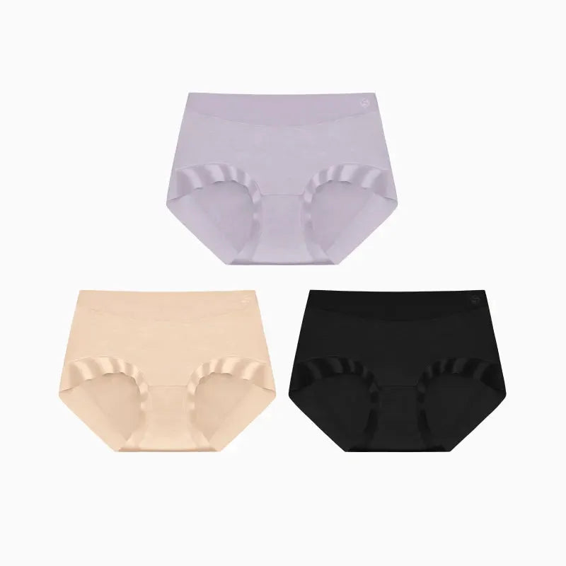 Simples Market SUJIIN 3-pack seamless women's briefs in lavender, beige, and black; breathable antibacterial fabric