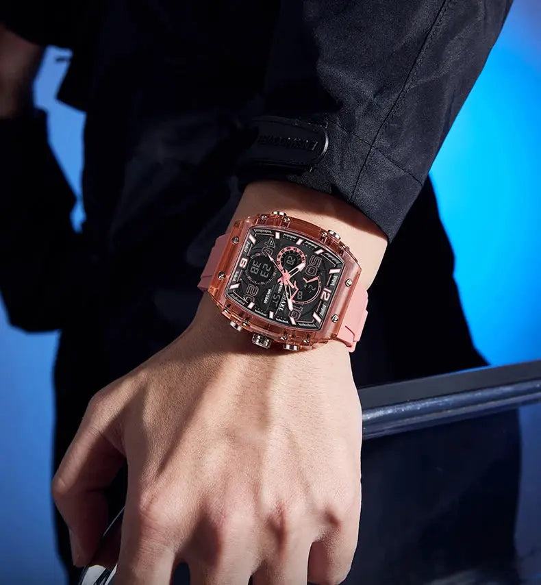 SMAEL 8109 men's square dual-display sport watch with pink silicone strap, rose-gold case, and black dial