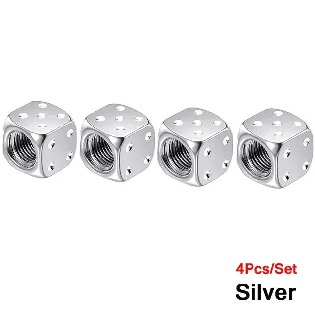 Aluminum dice tire valve caps, silver, 4-piece set for cars, trucks, motorcycles