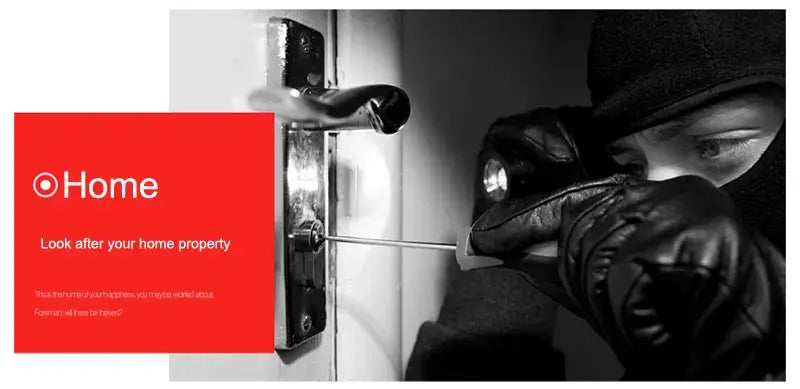 JIENUO 4K AHD CCTV security camera banner with red Home logo and a masked intruder at a door