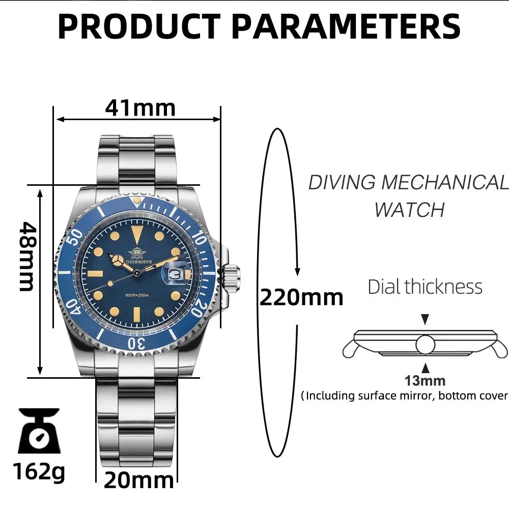 ADDIESDIVE 41mm men's quartz watch, stainless steel bracelet, blue bezel and dial with luminous markers