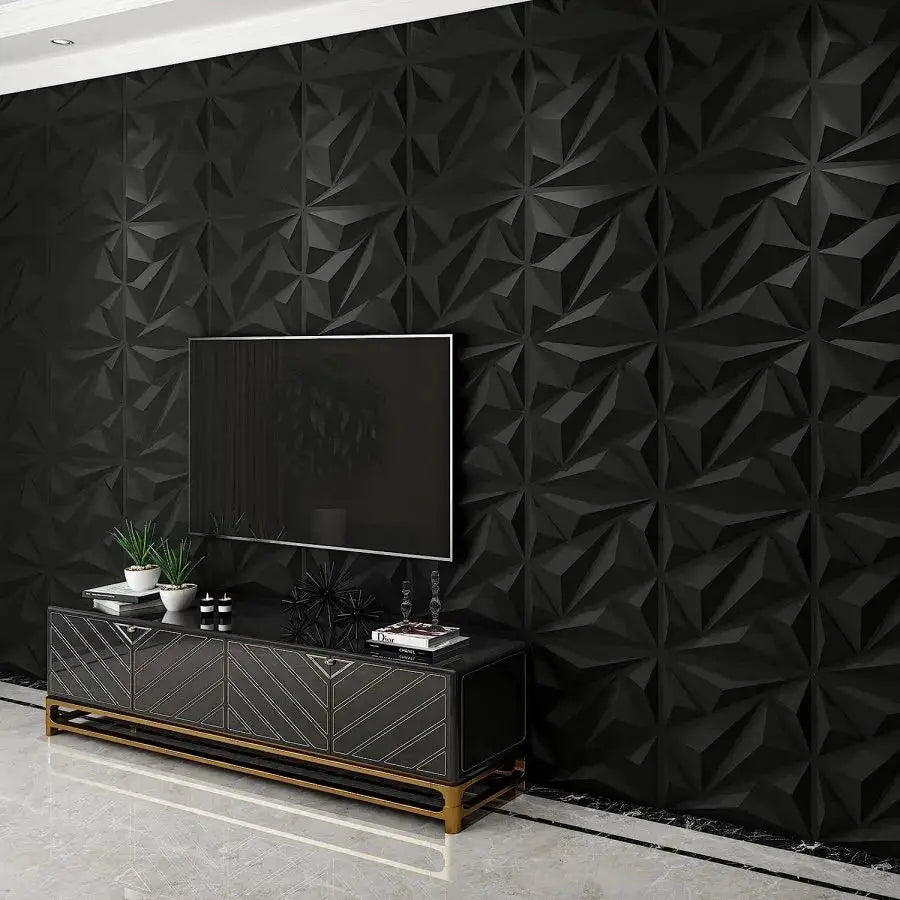 3D textured wall panels, black geometric pattern, 12/20 pcs, 30x30cm for indoor decor.