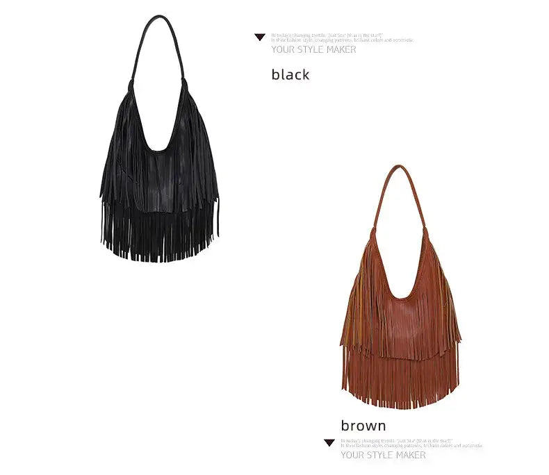 Simples Market long tassel fringe tote bags in black and brown PU leather, women's shoulder handbags