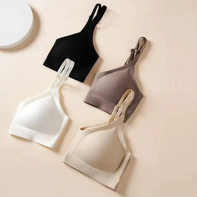 Soft support seamless bra set; four colors (black, taupe, white, beige) from Simples Market, no steel ring