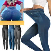 Denim-printed high-waist leggings for women with stretch; Simples Market available in black, blue, gray, indigo
