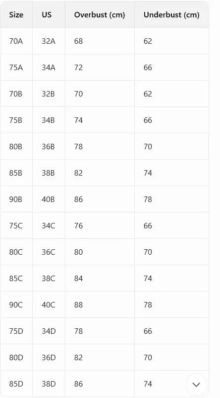 Simples Market Women's lace-trimmed shaping bra with underwire size chart showing overbust and underbust measurements