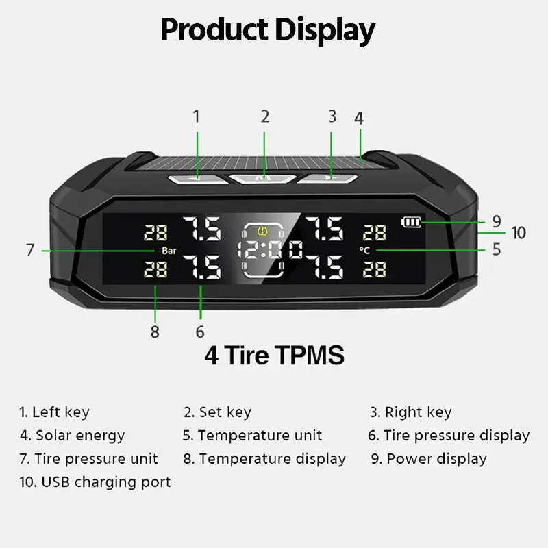 E-ACE car TPMS monitor for 4-tire system, black device with solar-powered LCD display