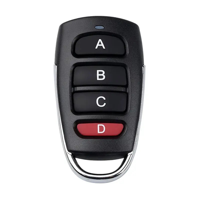 Simples Market wireless RF 433MHz remote control with four buttons A B C D, black body with chrome clip