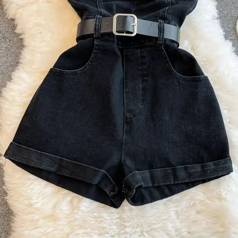 Black denim romper with belt, women's casual wide-leg denim jumpsuit