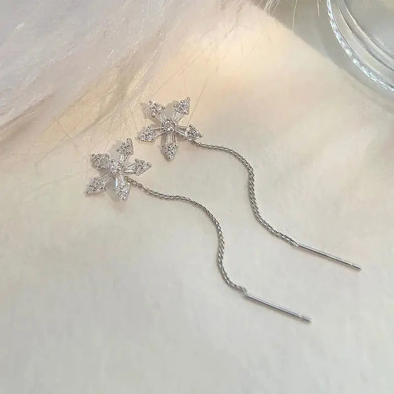 Simples Market long wire tassel drop earrings with crystal star bead pendants, silver-tone pair
