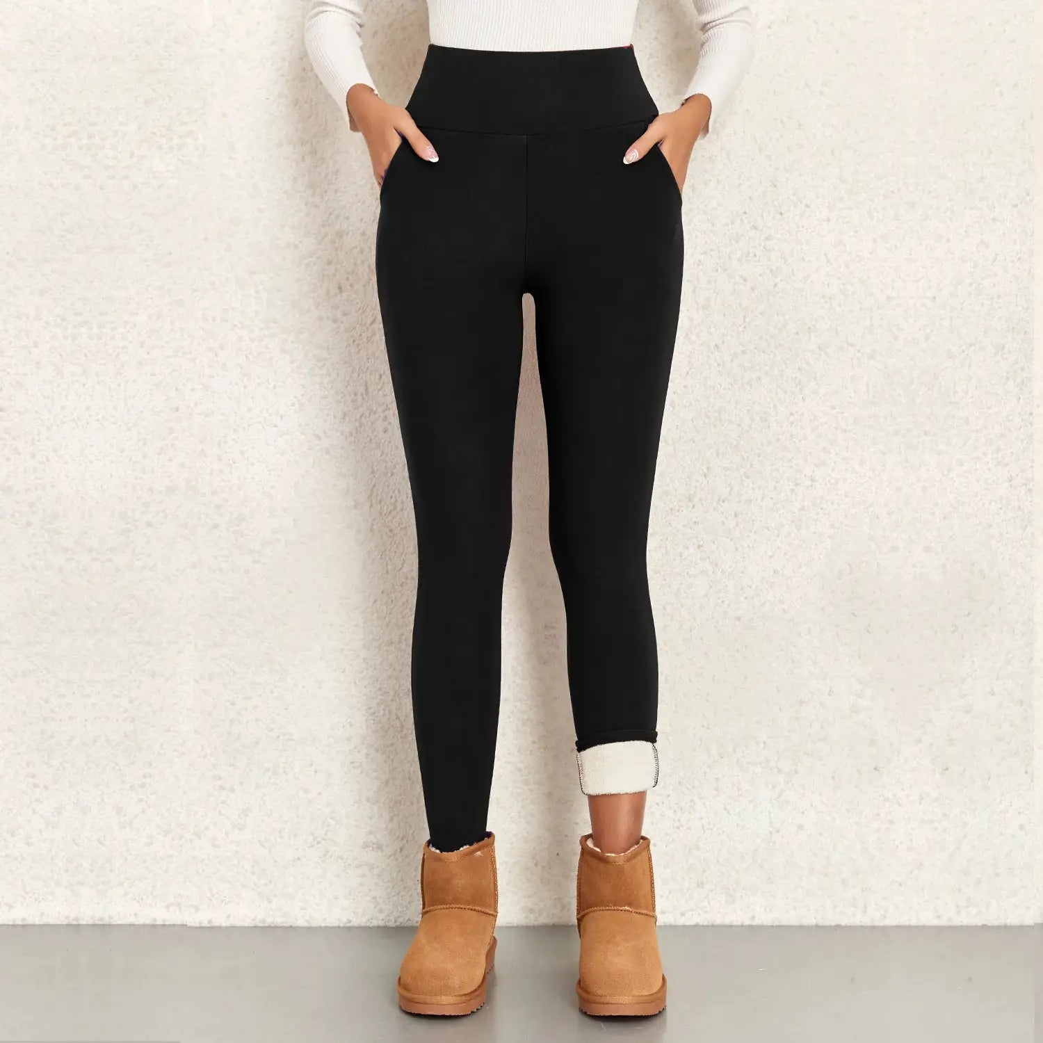 Women’s black high-waist fleece-lined leggings with pockets