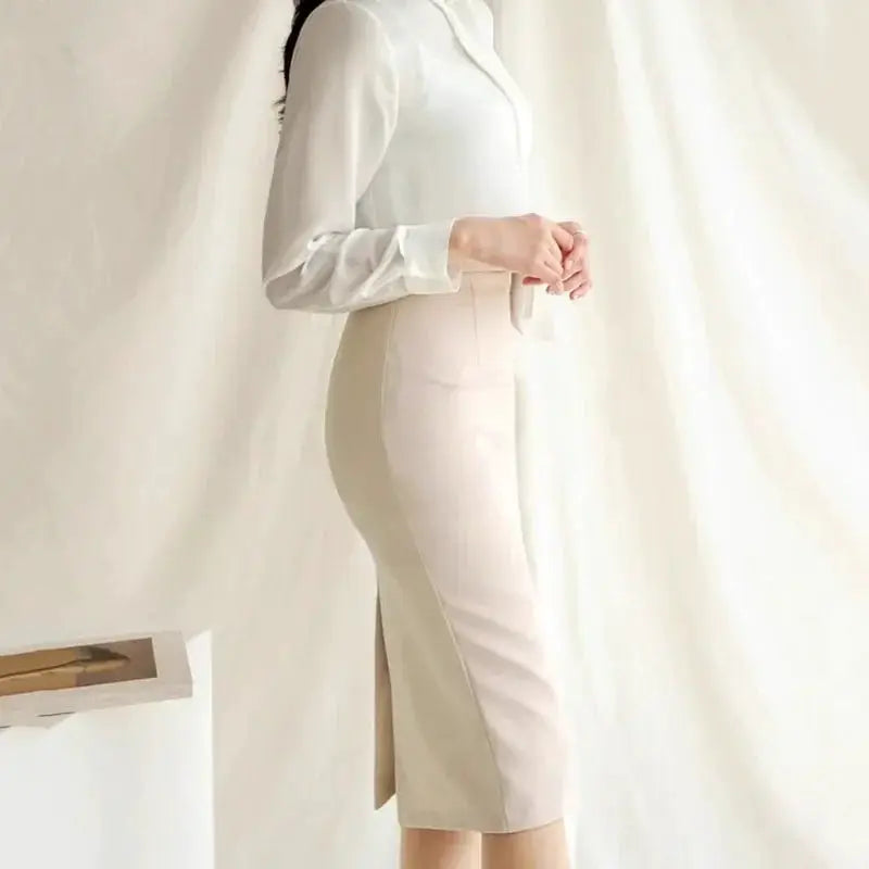 Office pencil skirt Simples Market beige high-waisted midi with side slit