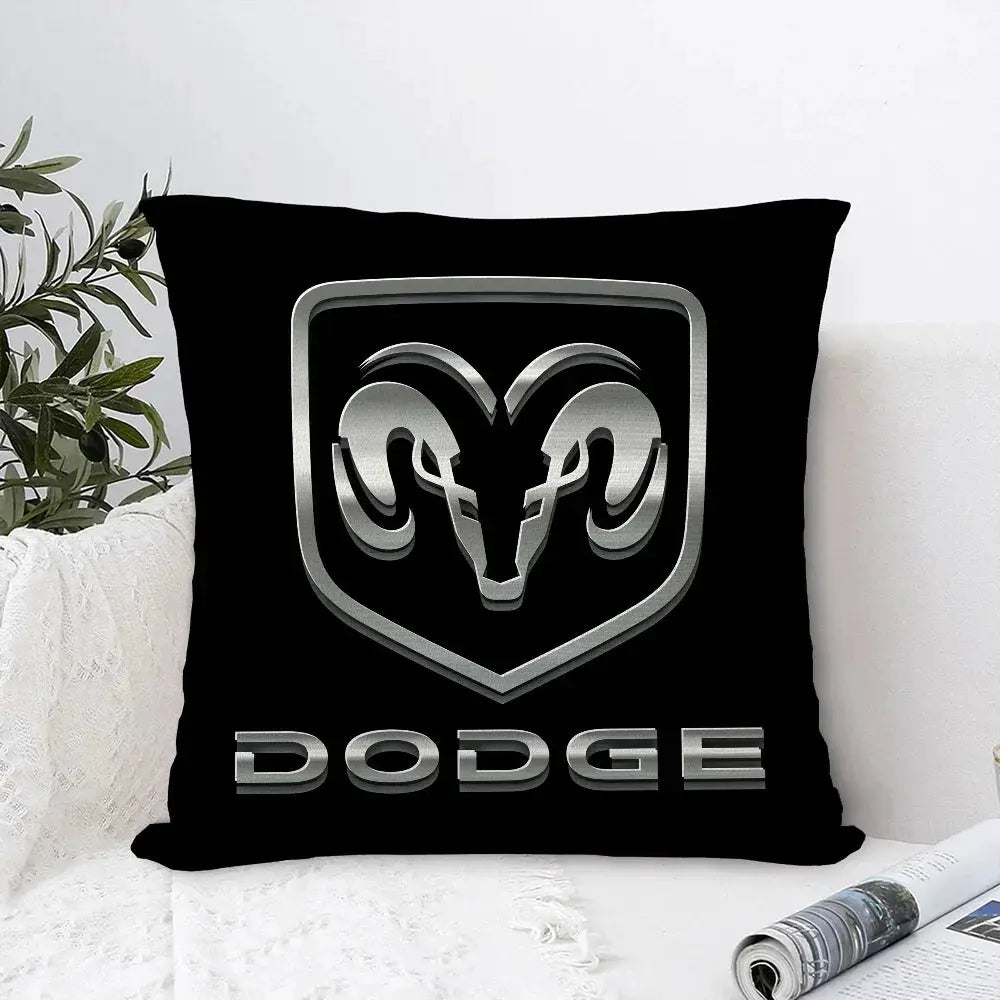 Dodge logo pillow cover in black plush fabric with silver ram shield; double-sided print