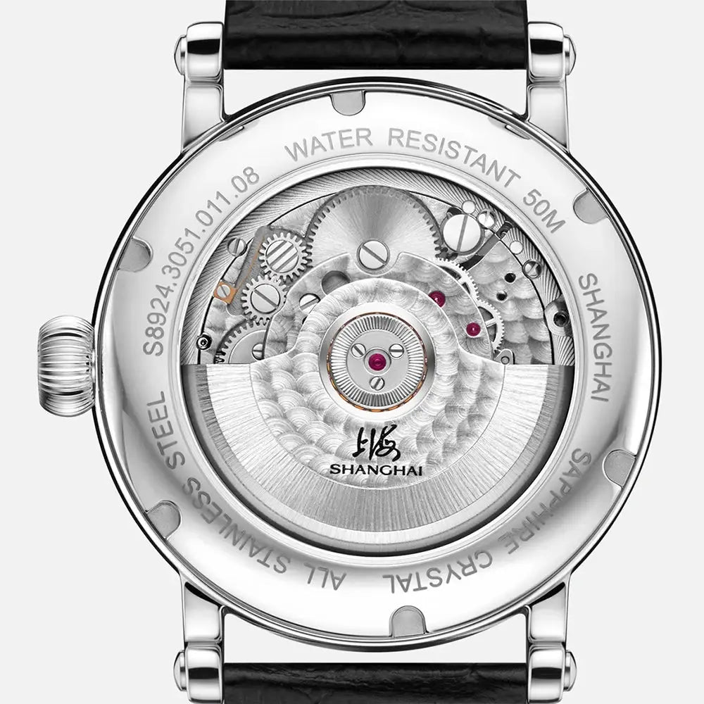 Shanghai 42mm automatic mechanical watch with visible movement, sapphire crystal, stainless steel case, and leather strap