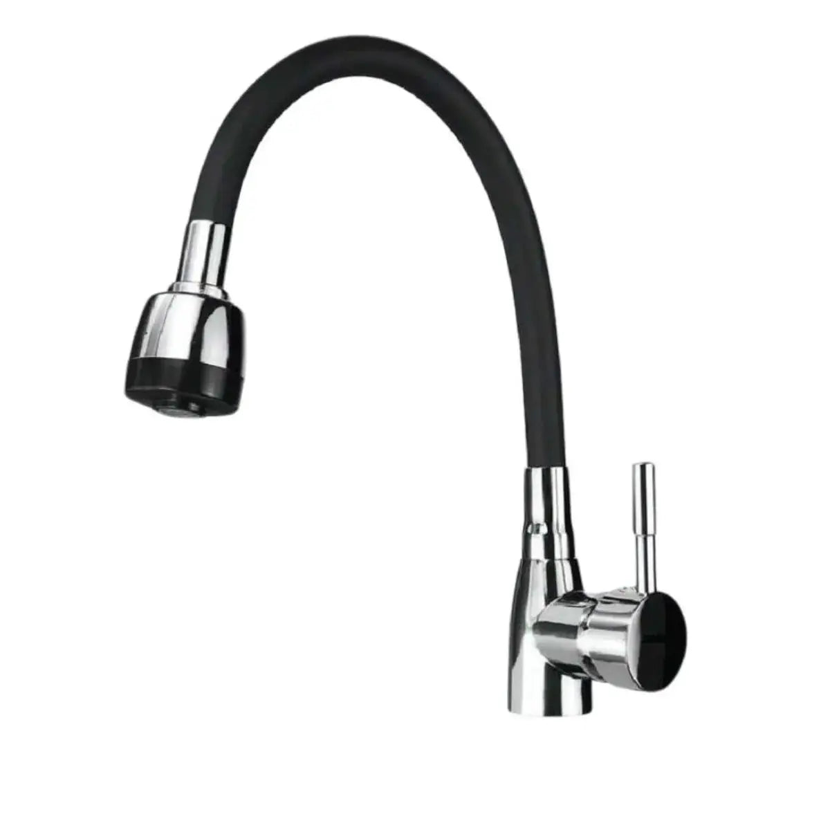 304 stainless steel gooseneck kitchen faucet with black silicone hose and chrome fittings