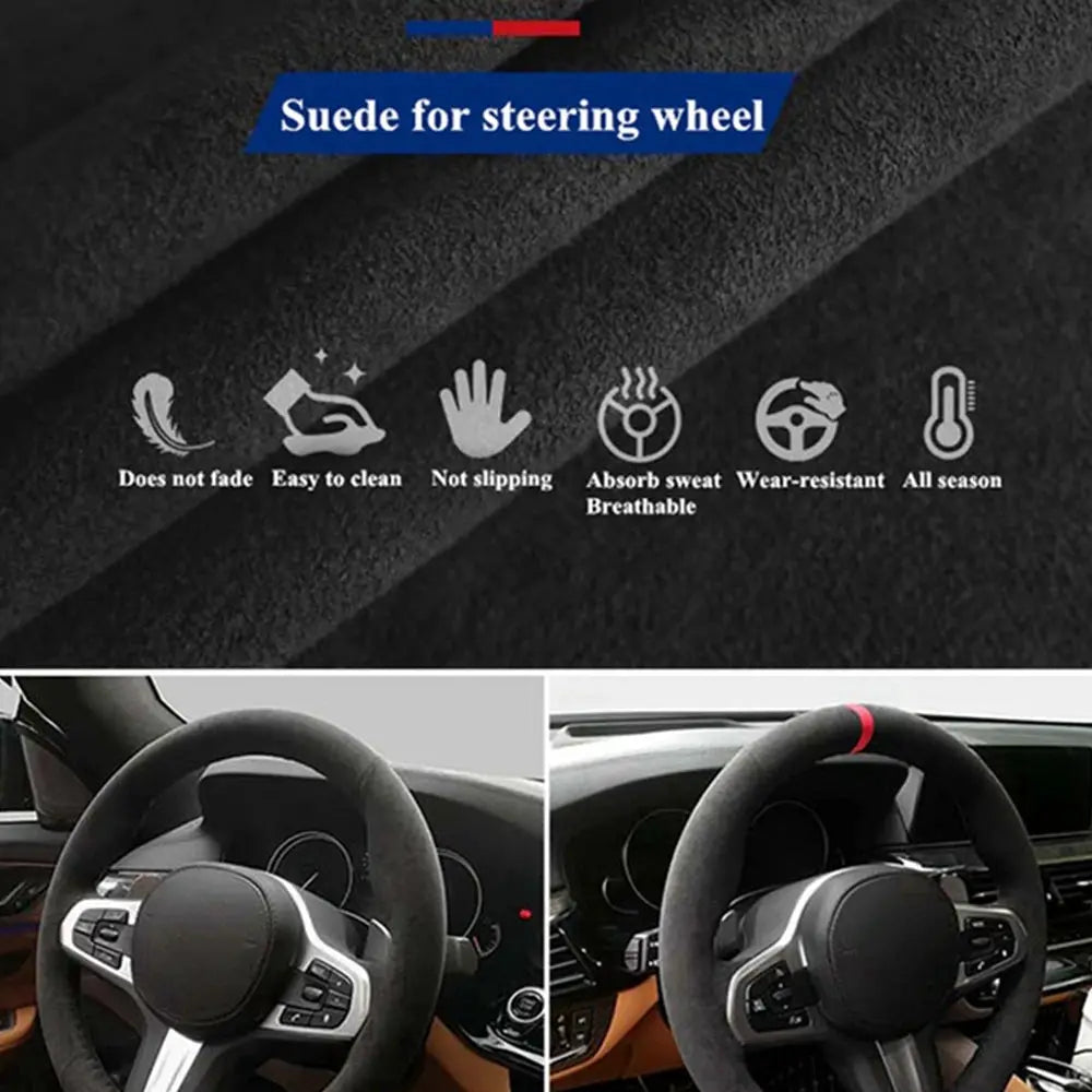 Suede steering wheel cover by Simples Market for Seat Leon 5F Mk3, Ibiza 6J and related models; black with red top stripe