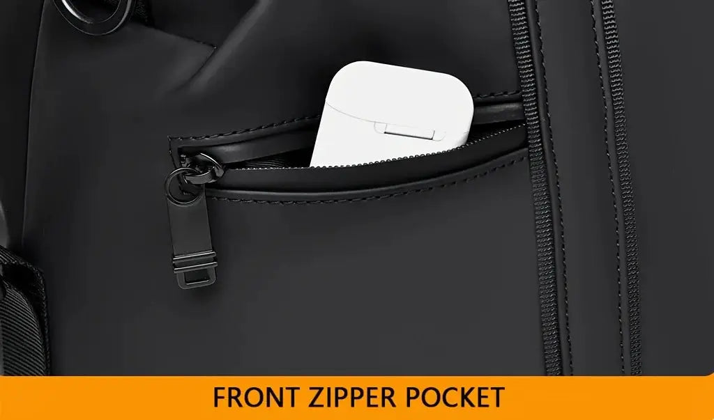 Large capacity travel bag by Simples Market with front zipper pocket and white wireless earbud case.