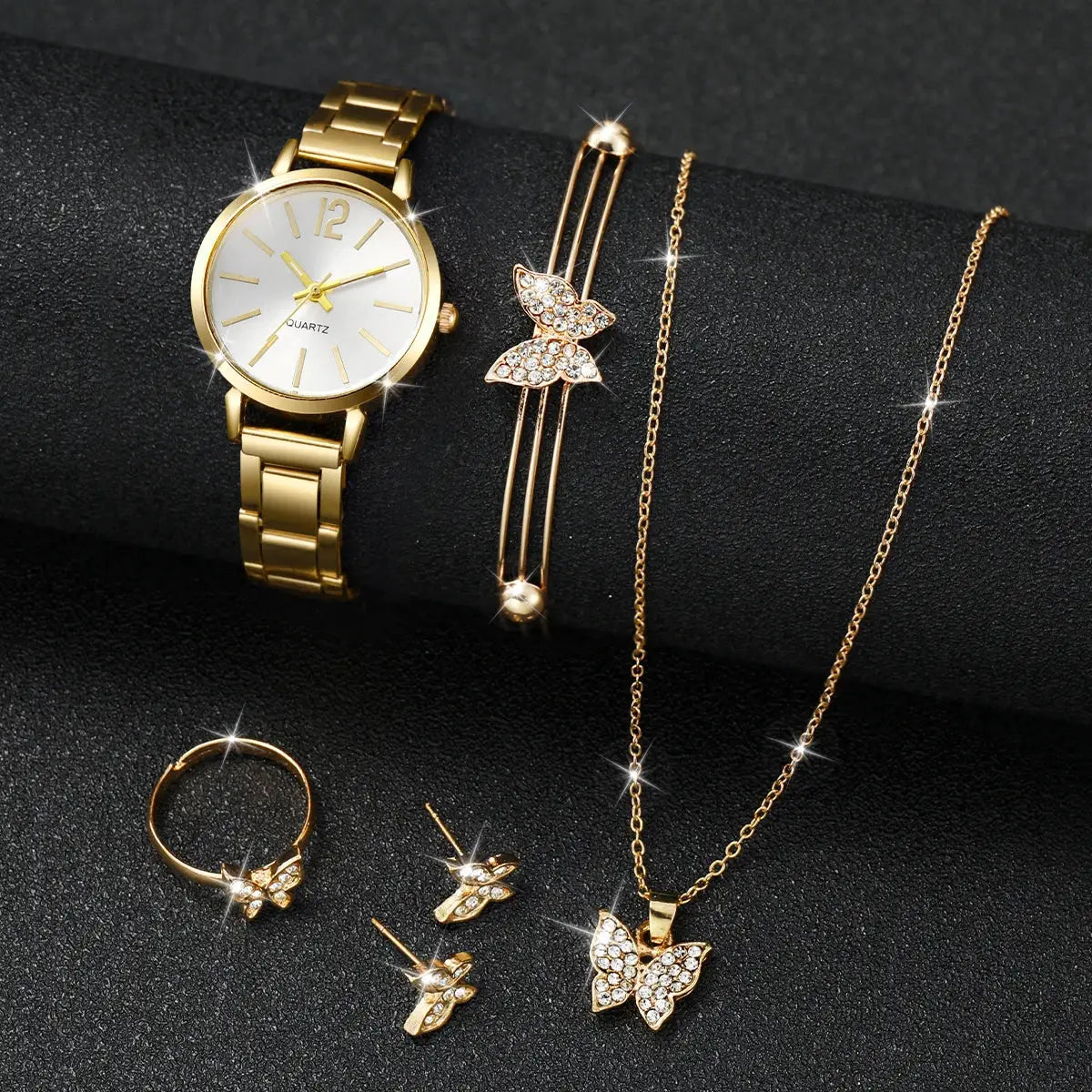 Gold-tone 6-piece women's jewelry set with quartz watch and butterfly jewelry