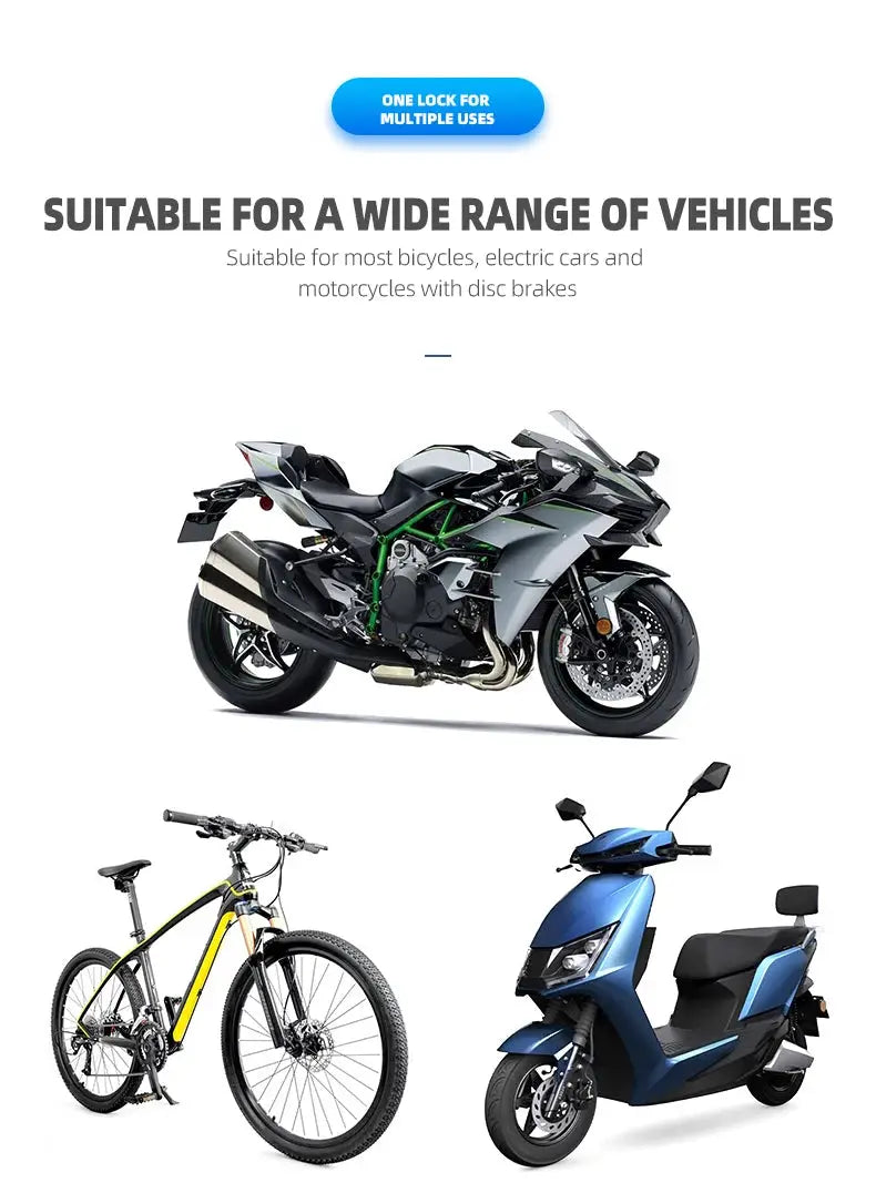 Simples Market motorcycle disc brake lock; versatile for motorcycles, bikes and scooters; three vehicle types shown