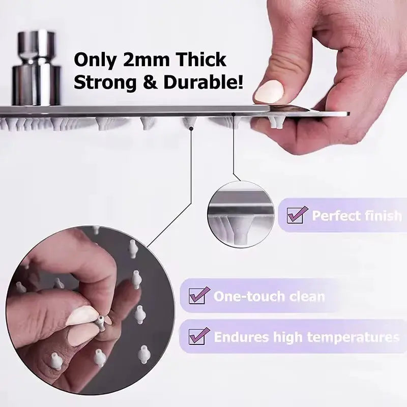 Stainless steel high-pressure waterfall shower head available in 8, 10, or 12 in with black, silver, or gold finishes.