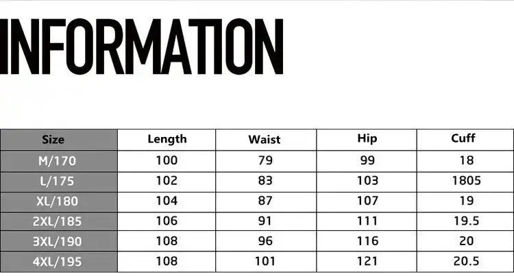Tactical waterproof cargo pants size chart by Simples Market showing M–4XL length, waist, hip, cuff measurements