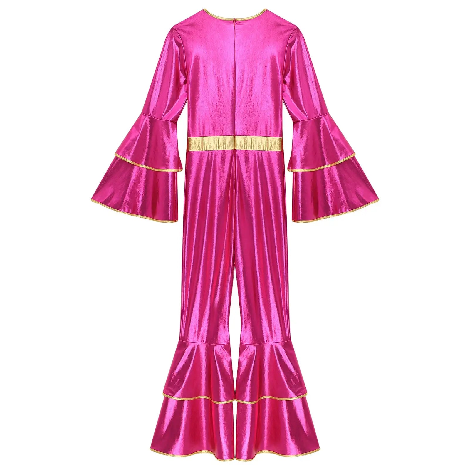 Pink metallic disco jumpsuit with bell sleeves, gold trim at waist and cuffs, flared legs