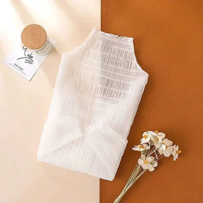 White mesh lace blouse with sheer fabric and long sleeves, see-through top for women