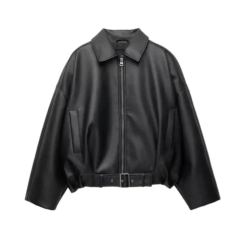 LuxeWear Vintage Womens PU Leather Bomber Jacket With Zipper Closure And Belted Lapel For Stylish Autumn Streetwear