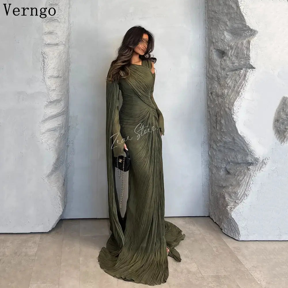 Verngo Green Shiny Formal Evening Dress O Neck Sleeves Prom Gown