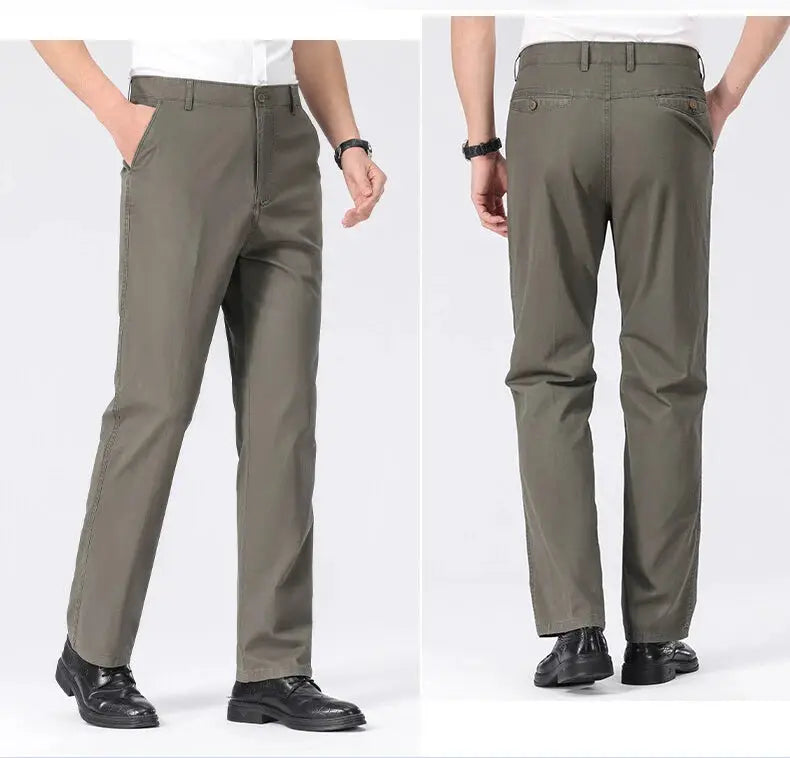 Mens chino pants by Simples Market in olive, lightweight business casual dress trousers with pockets