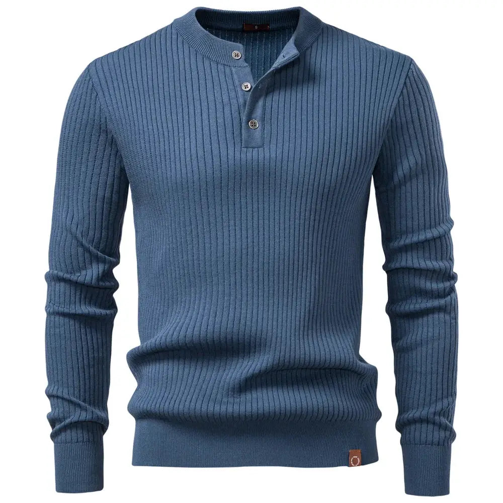 Simples Market AIOPESON men's ribbed blue button-placket polo shirt, long sleeve, contemporary fit
