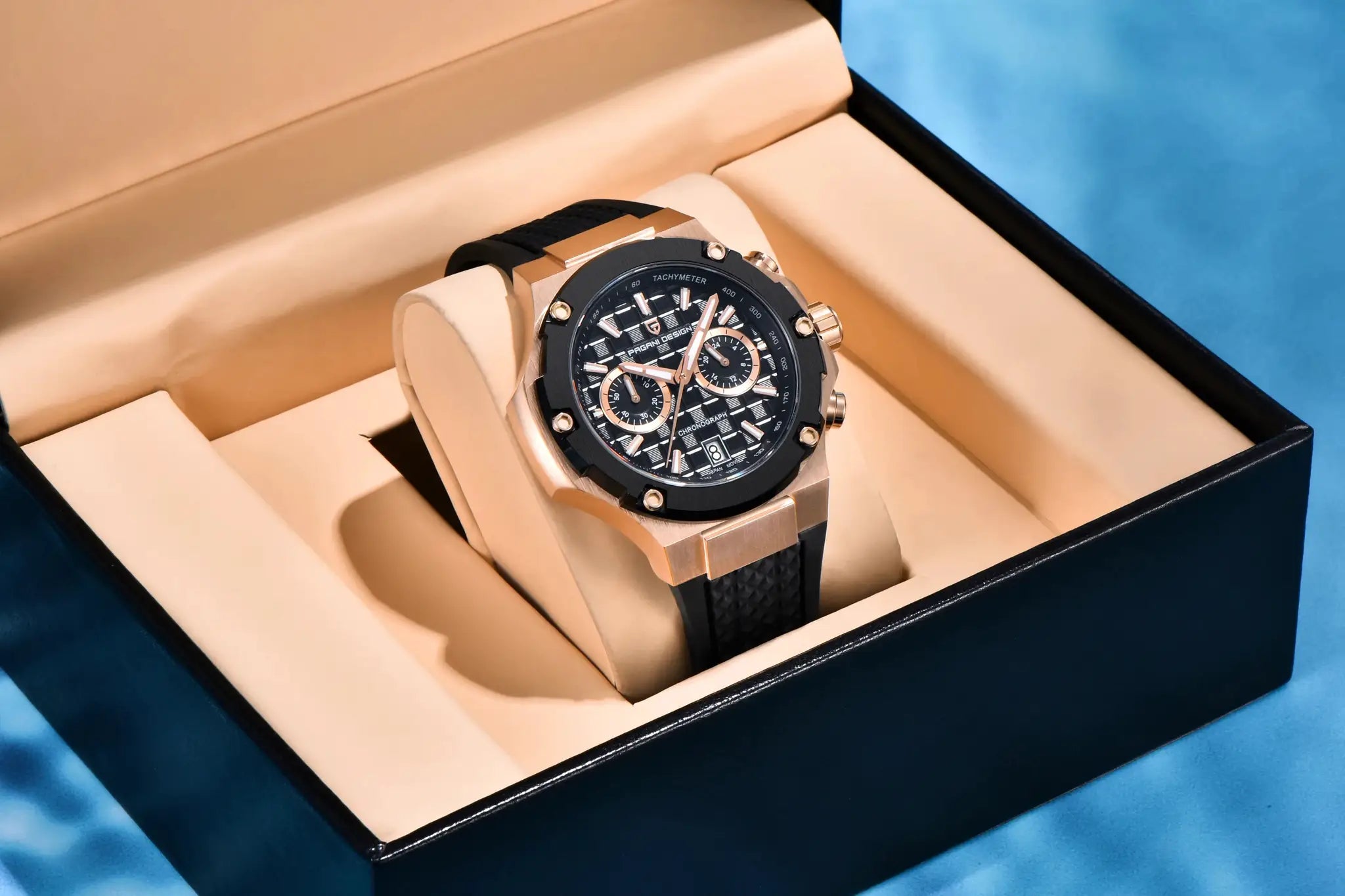 PAGANI DESIGN men's rose-gold chronograph watch with black bezel and fluororubber strap in presentation box