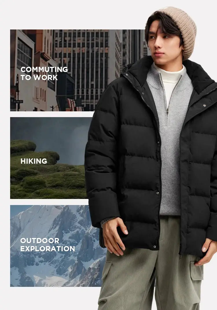 Semir Down Jacket Men by Simples Market, black hooded mid-length puffer coat