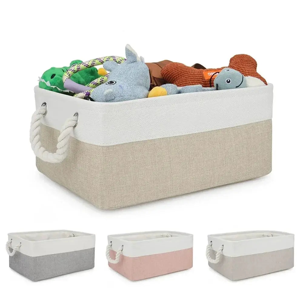 Linen storage basket with handles, large-capacity two-tone beige and white, filled with plush toys.