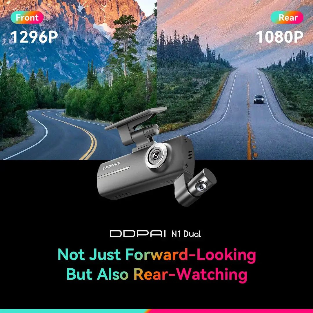DDPAI N1 Dual dash cam with front 1296P and rear 1080P, app-controlled car DVR