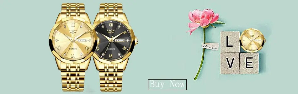 LIGE women's luxury waterproof quartz watches set of 3; gold-tone metal bracelets with gold and black dials.