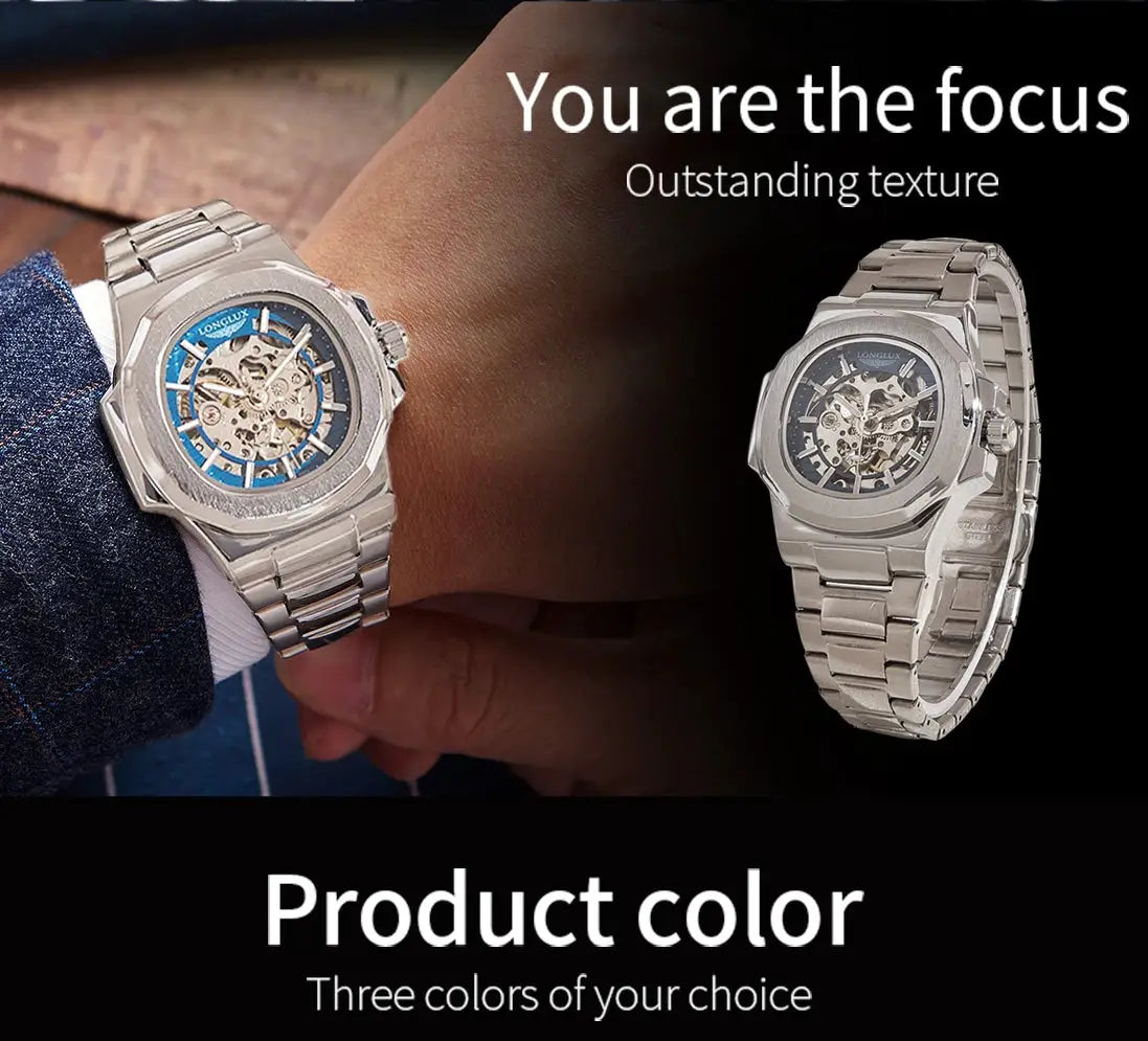 LONGLUX Men Automatic Mechanical Skeleton Watch Luxury Waterproof Stainless Steel Timepiece For Business And Casual Wear