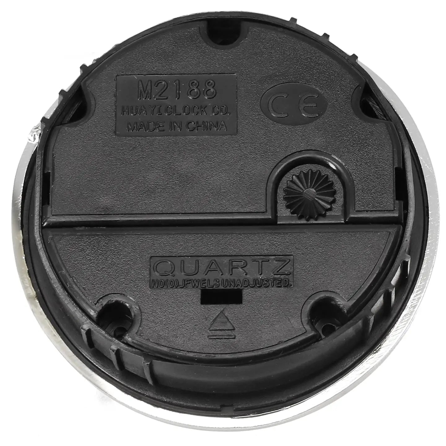 65mm round wall clock insert with quartz movement; black plastic back, Huay Clock Co., Made in China