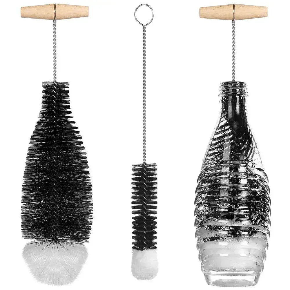 SodaStream bottle brush set with wood handle; includes 3 brushes for bottles and jars.