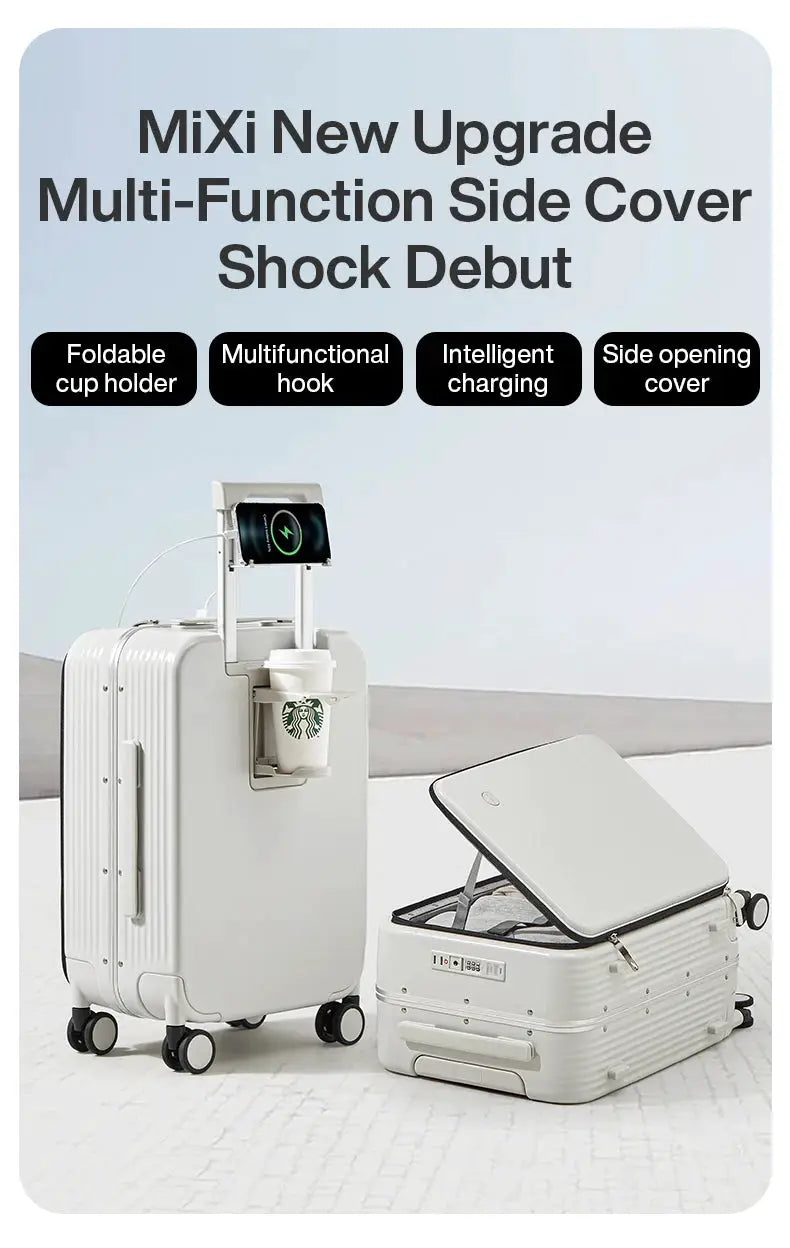 Mixi aluminum-frame carry-on rolling luggage set (2 white suitcases) with USB port, cup and phone holder.