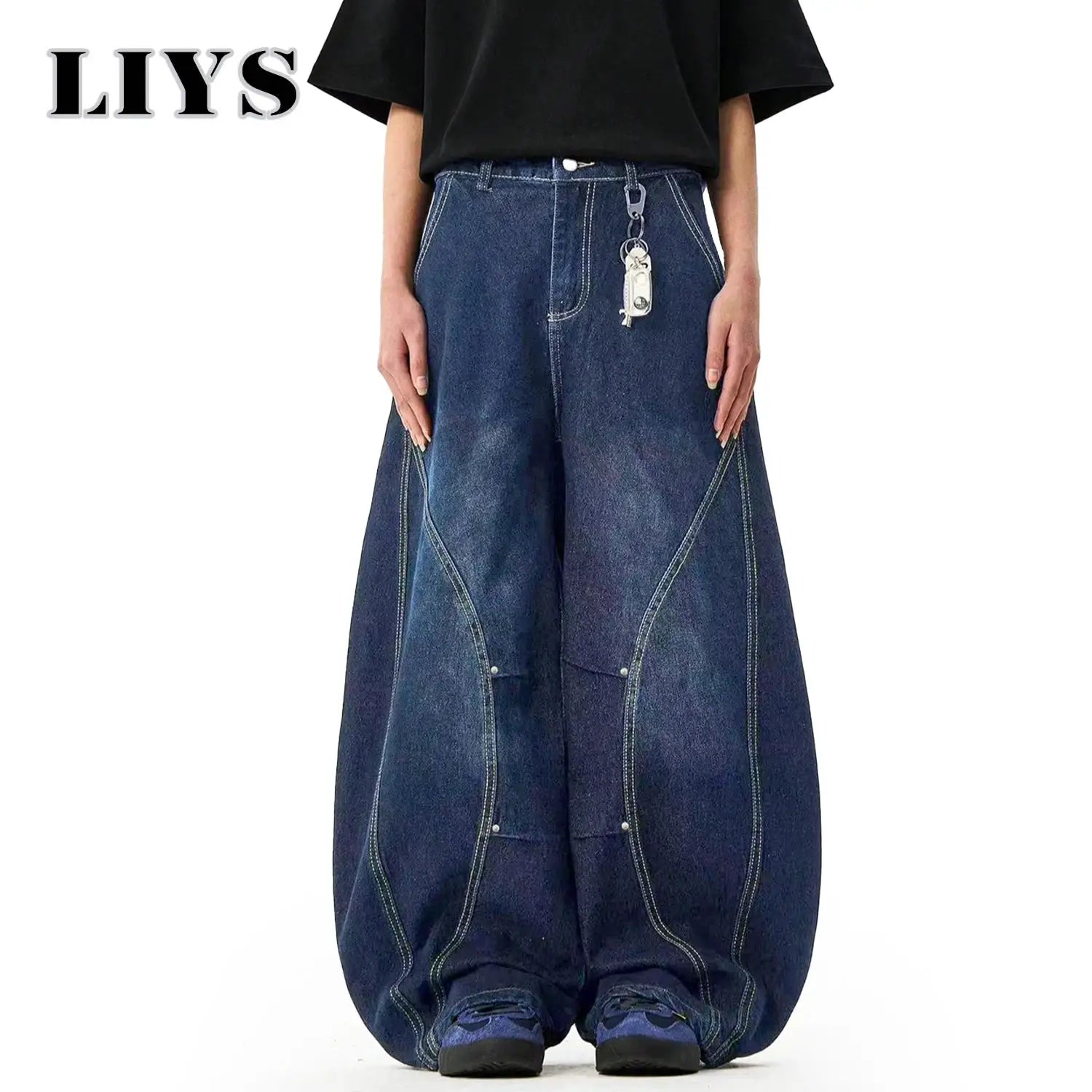 Men's blue denim wide-leg balloon jeans with baggy silhouette and contrast stitching
