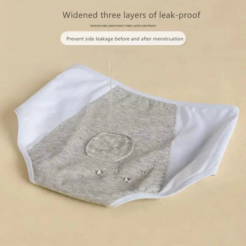Girls' menstrual underwear by Simples Market; breathable cotton brief with white sides and gray center panel, leak-proof