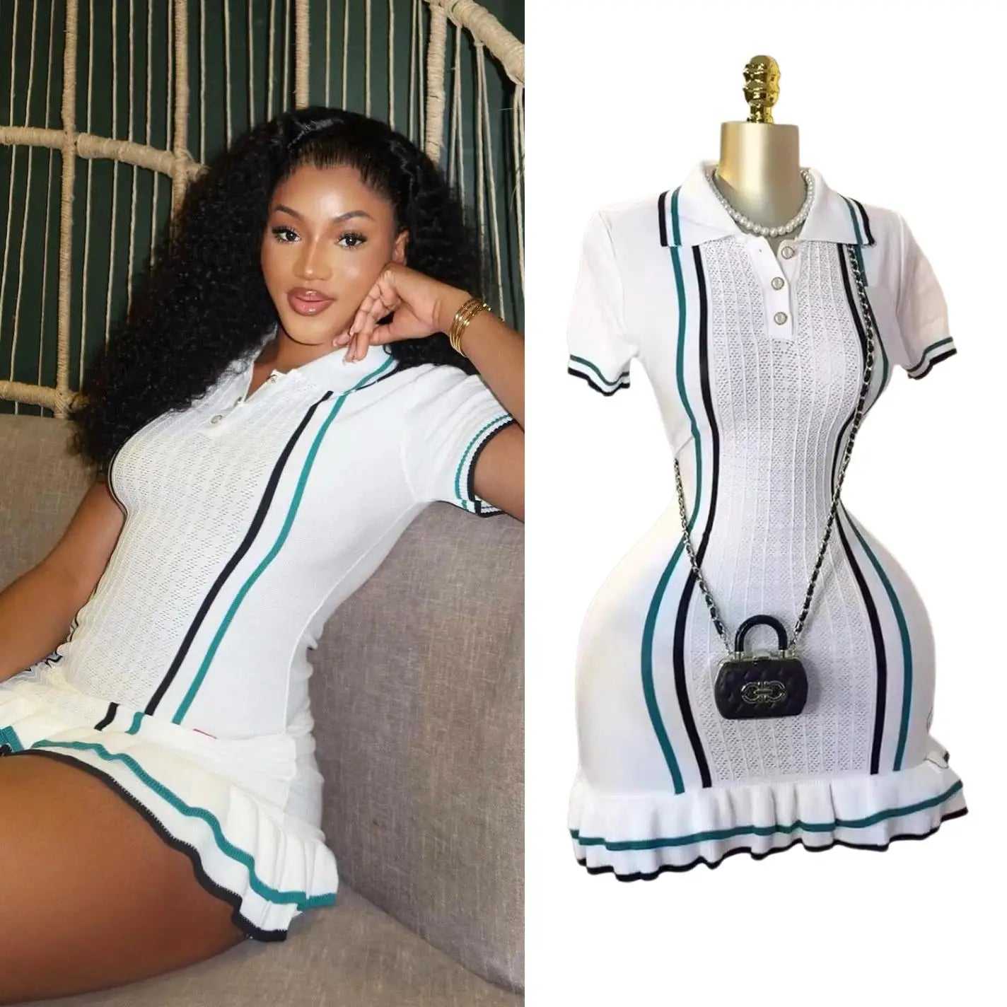 YuooMuoo Knitted Mini Dress Turn Down Collar Ruffled Party Wear