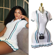 YuooMuoo Knitted Mini Dress Turn Down Collar Ruffled Party Wear