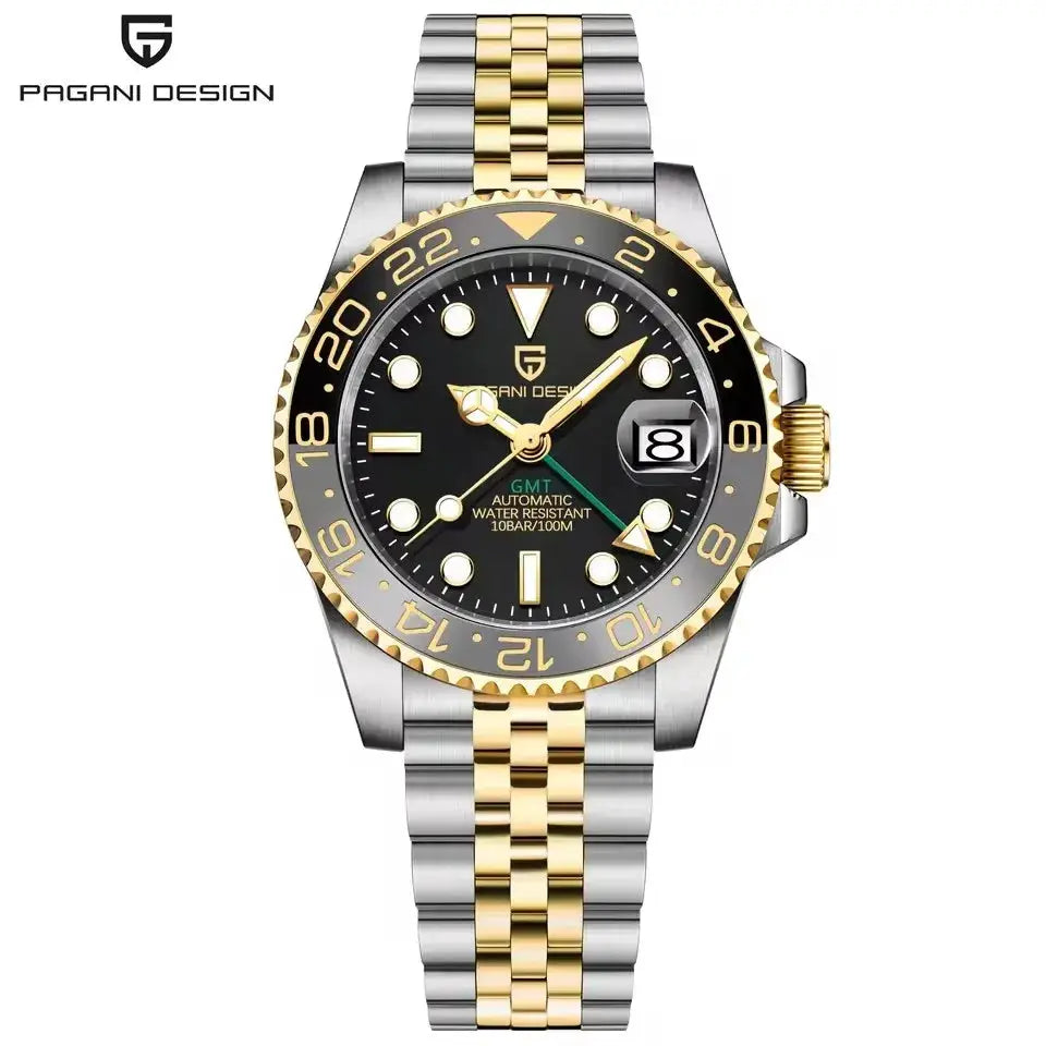 Pagani Design V3 GMT men's watch with two-tone stainless steel bracelet, black dial, gold bezel, date window