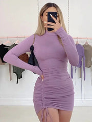 Long Sleeve Ruched Bodycon Dress For Women Turtleneck Black Bandage
