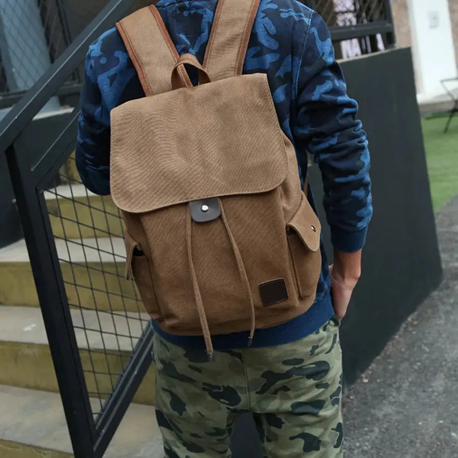 Canvas men's backpack, large brown with flap cover, front pockets and drawstring closure